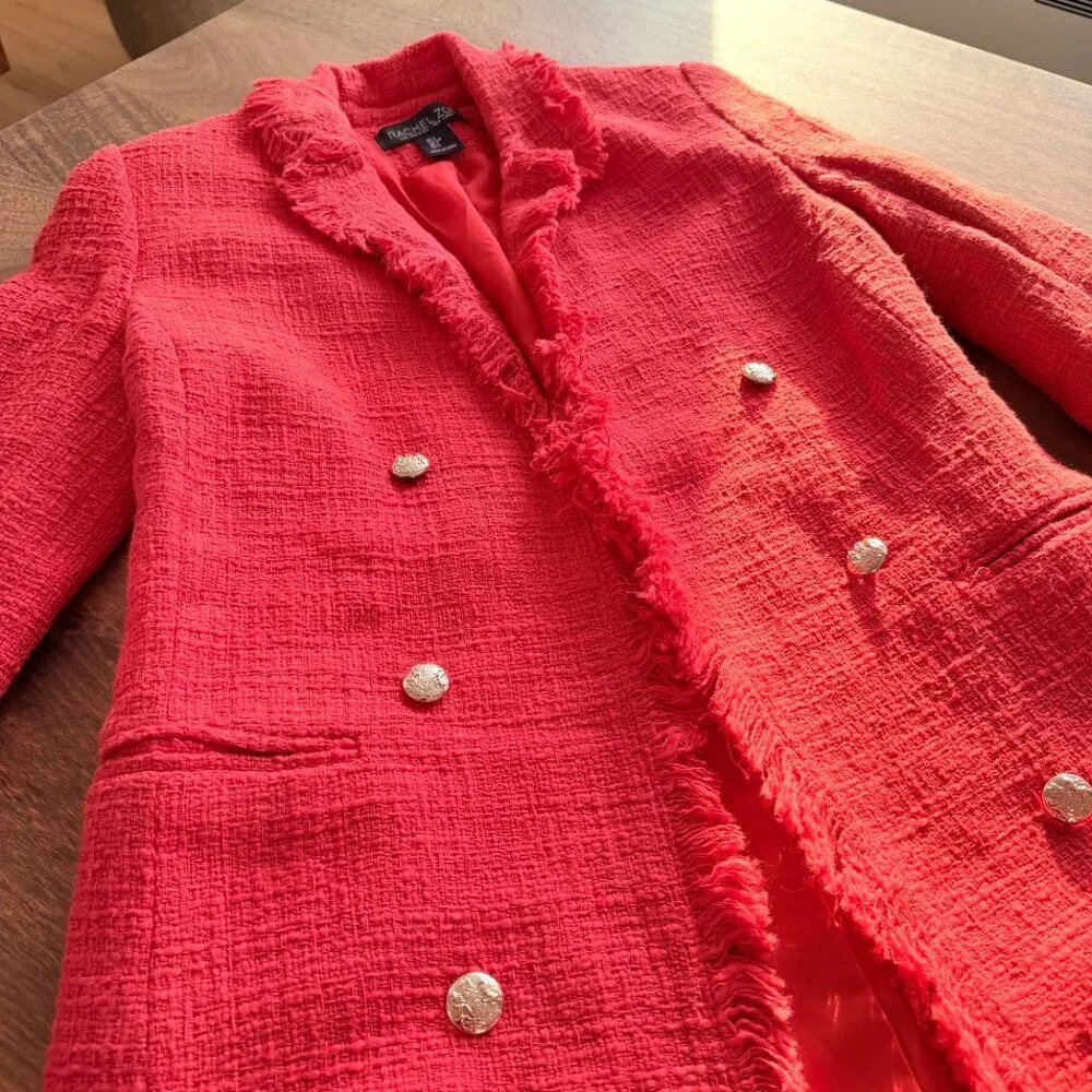 Rachel Zoe Red Tweed Double Breasted Fringe Blazer Coat Size S